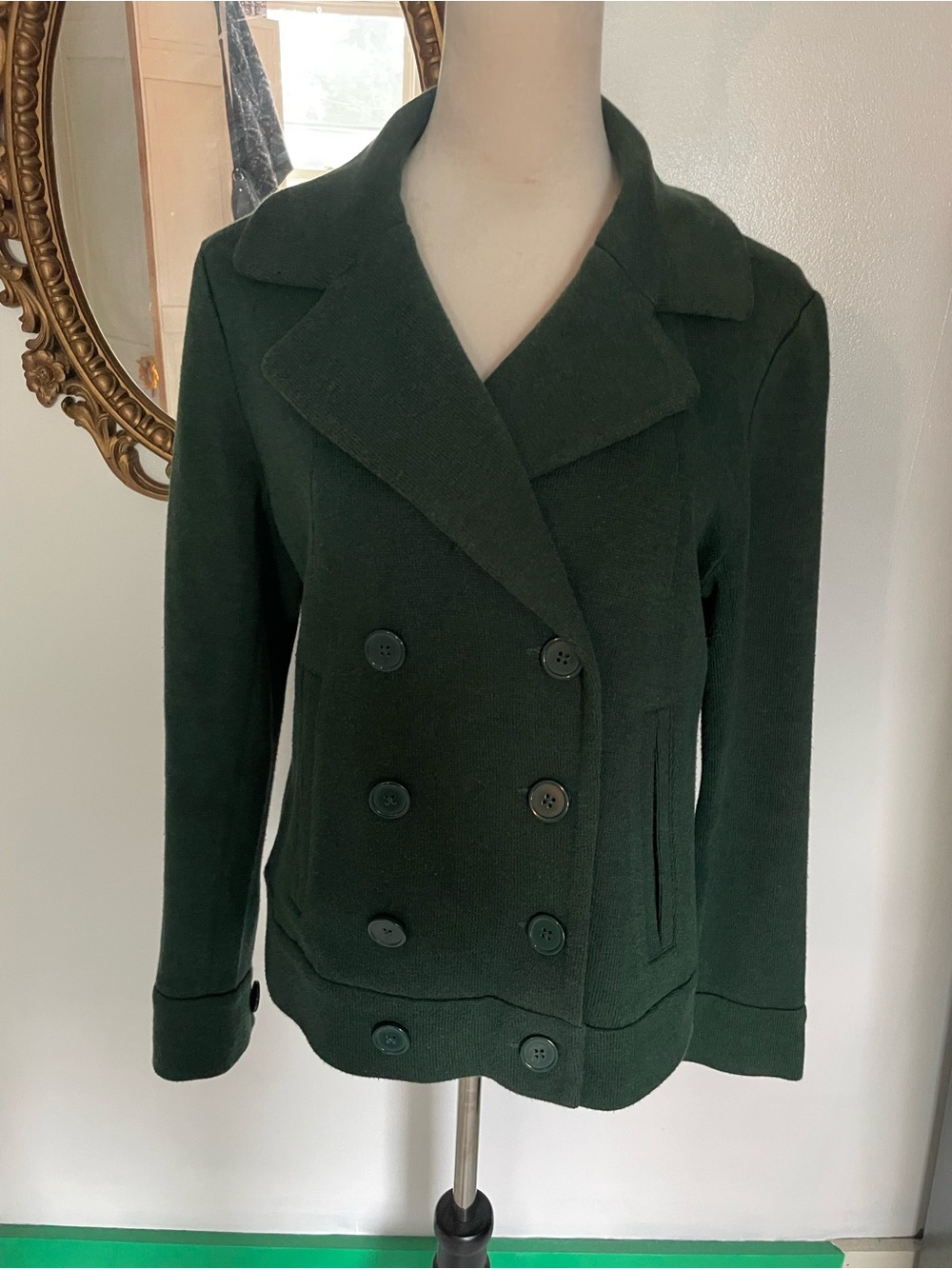 Dark Green Double-Breasted Women's Cropped Peacoat Jacket Cabi Medium